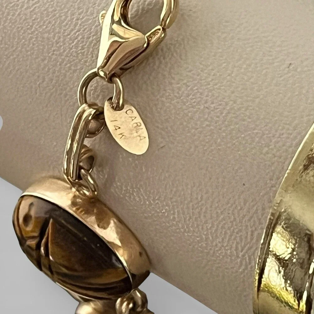Vintage Carla 14k Yellow Gold Two Strands Multi Gemstone 10 Scarab Bracelet 7